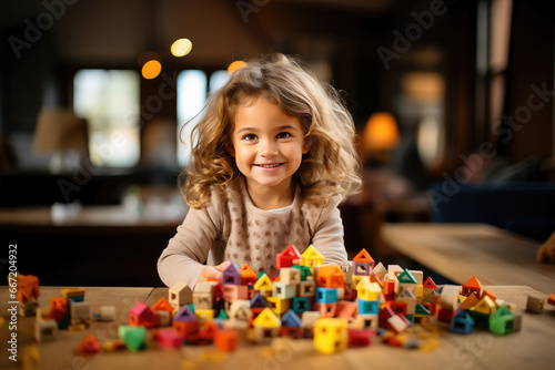 Smiling young girl joyfully playing with colorful wooden blocks on a table at home, capturing a moment of pure childhood delight.