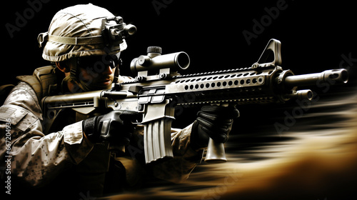 focused soldier in desert w...
