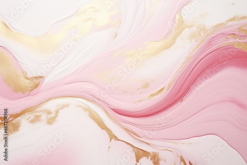 The Art of Suminagashi. Very nice pink and white paint with gold line. Golden swirl, artistic design. The style includes swirls of marble or ripples of agate. Elegant composition.