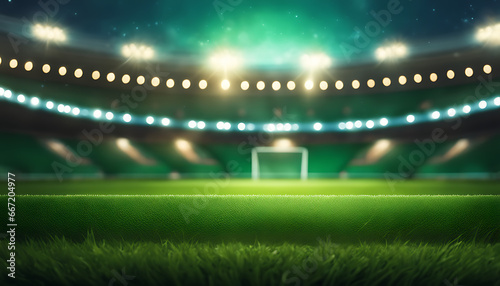 digital 3D background advertisement background illustration of a worldwide grass stadium lit by spotlights and a vacant green grass playground © simo