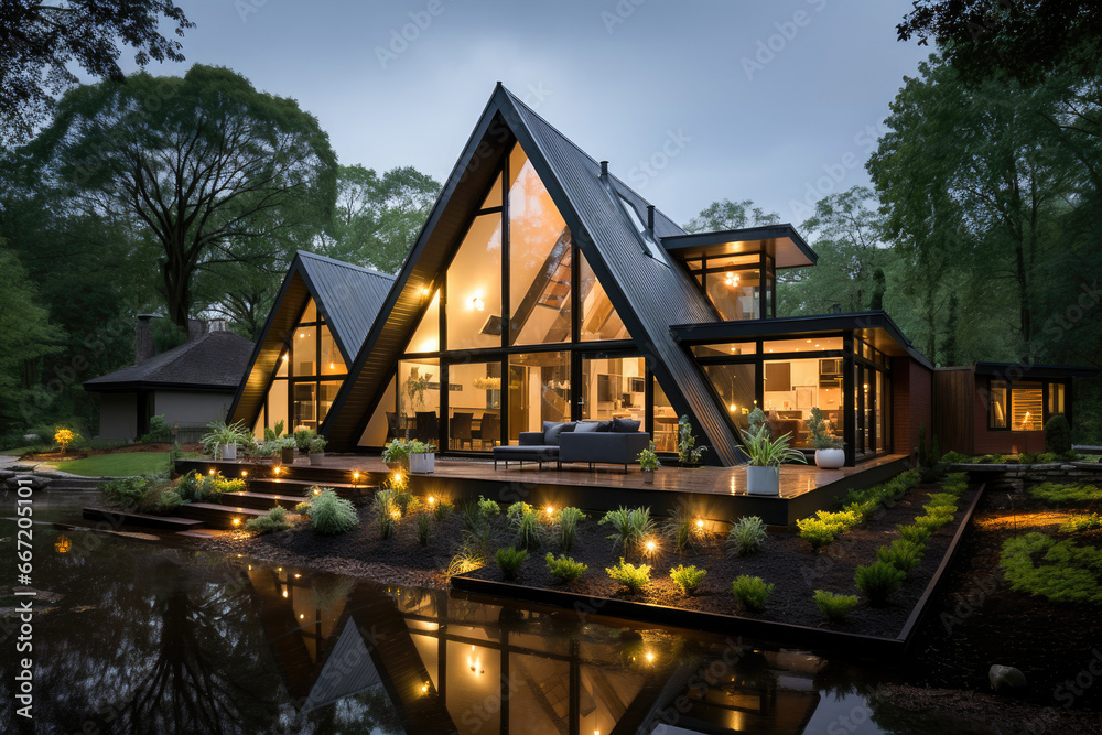 Fototapeta premium Modern home illuminated at twilight, reflecting its elegance on tranquil waters amid an enveloping forest backdrop.