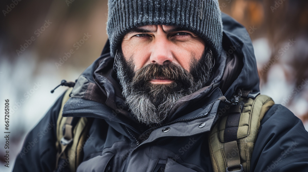 Obraz premium serious bearded hiker in snowy landscape