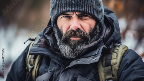 serious bearded hiker in snowy landscape © wetzkaz