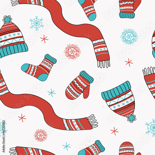 Knitwear pattern. Winter hat, scarf, mittens and socks with ornament. Vector seamless pattern. Knitting, handmade. Bright illustration , doodle style.