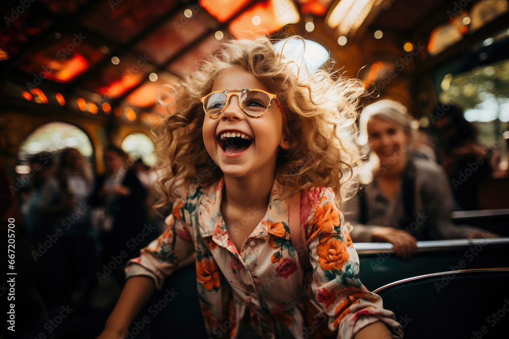 Joyful young girl laughing heartily on a carousel, radiating happiness and childhood excitement in an amusement park. Joyful young girl laughing heartily on a carousel, radiating happiness and childhood excitement in an amusement park.