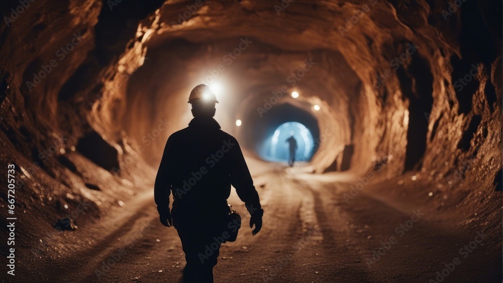 Male worker walking in Miner underground at a copper - obrazy, fototapety, plakaty 