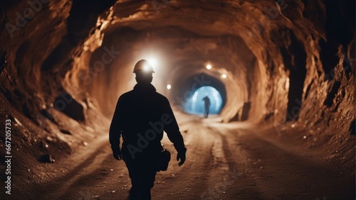 Male worker walking in Miner underground at a copper