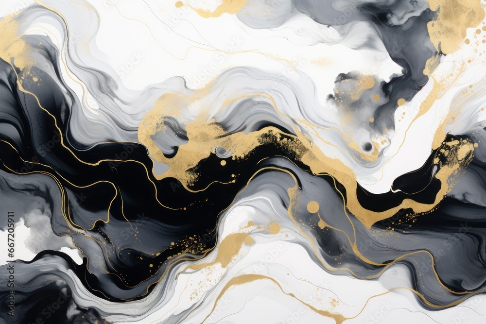The Art of Suminagashi. Very nice black and white paint with gold line. Golden swirl, artistic design. The style includes swirls of marble or ripples of agate. Elegant composition.