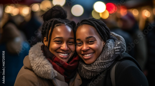 Young adult women, multicultural, at European Christmas market in winter. Wearing jackets, enjoying festive evening in Germany as tourists