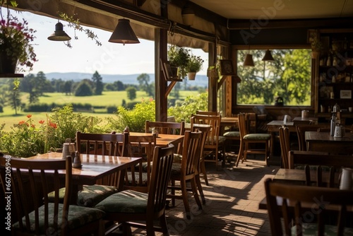 Quaint café amidst lush farm, adorned with vintage charm, inviting ambiance, and panoramic vistas. Generative AI