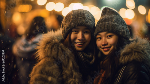 Young adult women, multicultural, at European Christmas market in winter. Wearing jackets, enjoying festive evening in Germany as tourists photo