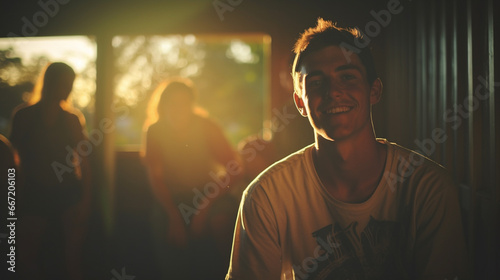 oung man in white shirt smiling in bright, friendly room photo