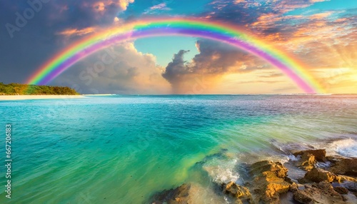 beautiful landscape with turquoise sea with double sided rainbow at sunset © Mary