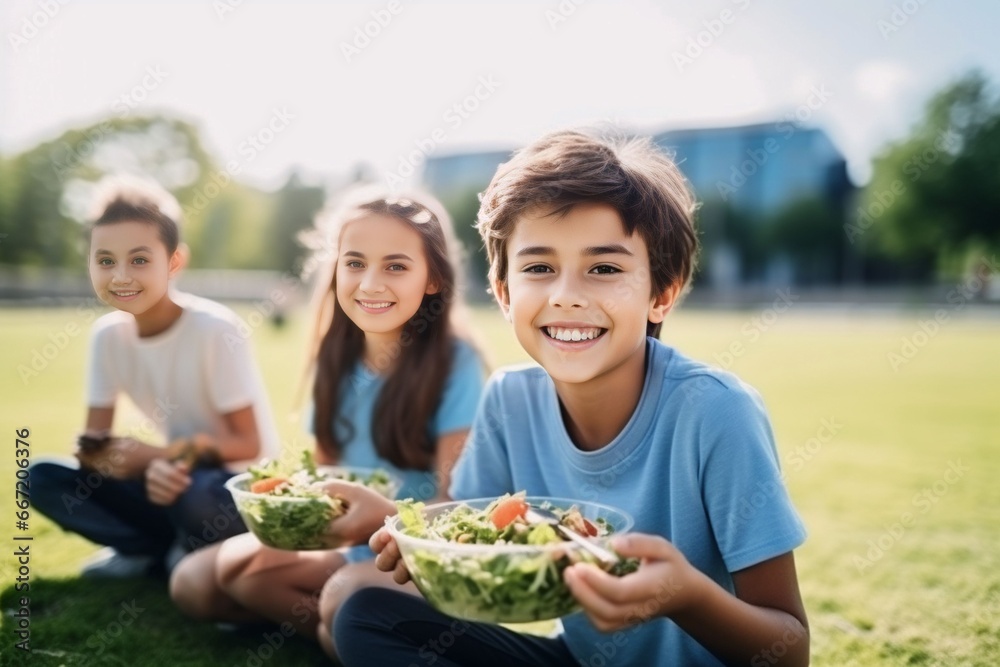 group diversity child kid people eating healthy salad after exercising in the park in tracksuit in daytime