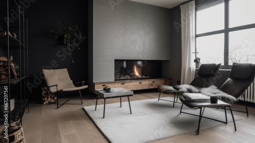 Living room decor, home interior design . Scandinavian Minimalist style with Fireplace decorated with Wood and Concrete material . Generative AI AIG26.