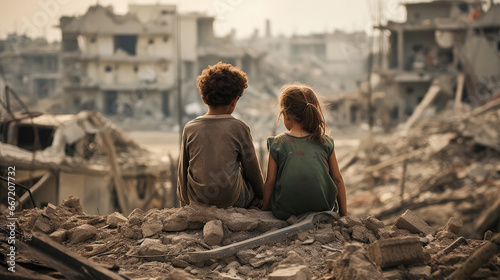 Children sitting in ruins of a war zone