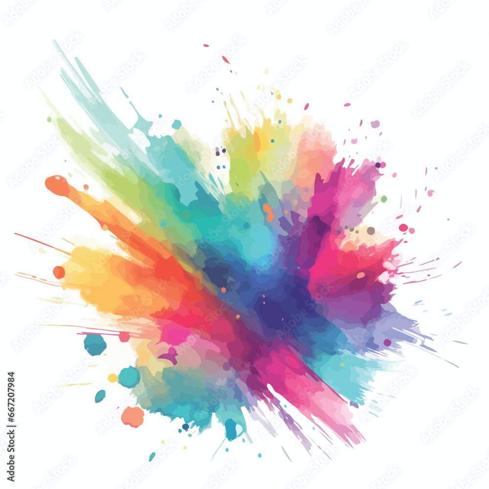 Bright colorful watercolor splash splatter stain brush strokes on white background. Modern vibrant aquarelle spot. Rainbow trendy isolated design on white. Element. Vector watercolor illustration