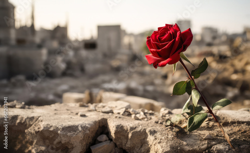 Red rose in the ruins of a war zone in Palestine