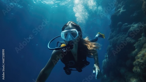 Woman scuba diving in deep blue sea