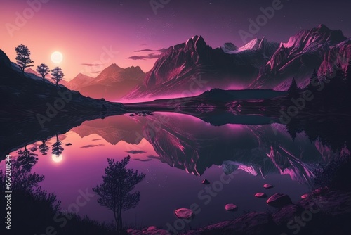 Serene mountain lake at dusk with lofi-inspired purple sunset