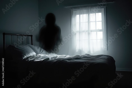 Horror Scene Of Ghost Silhouette In Bedroom Window