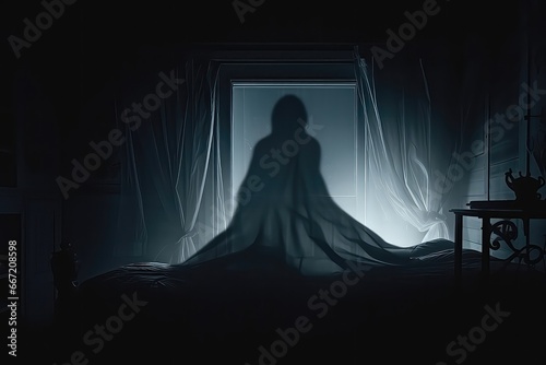 Horror Scene Of Ghost Silhouette In Bedroom Window. Сoncept Garden Landscape, Creative Food Photography, Adventure Sports, Urban Street Art, Romantic Couple Portraits