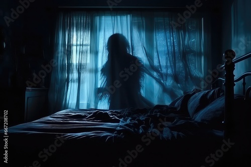Horror Scene Of Ghost Silhouette In Bedroom Window