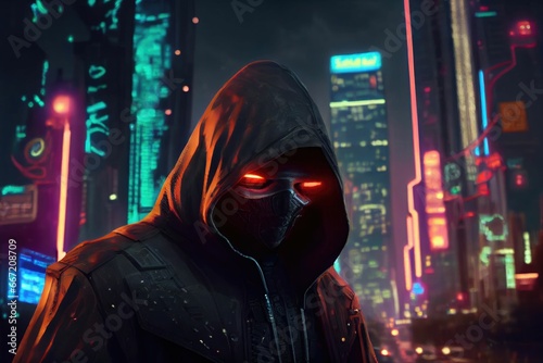 Urban cyberpunk scene with enigmatic cloaked figure in futuristic megacity