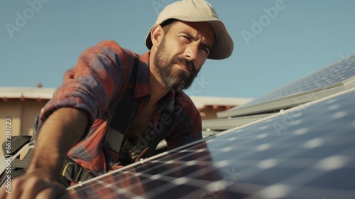 Solar power engineer installing solar panels, on the roof, electrical technician at work, alternative renewable green energy generation concept