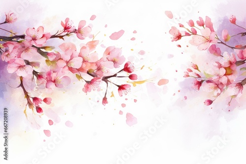 Frame of spring flowers  cherry blossoms and falling petals. Watercolor illustration  translucent background . Generative AI