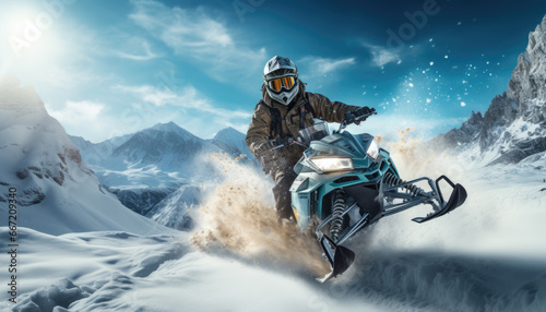 Man rides a snowmobile in the snowy mountains. Outdoor winter recreational lifestyle adventure and sport activity.