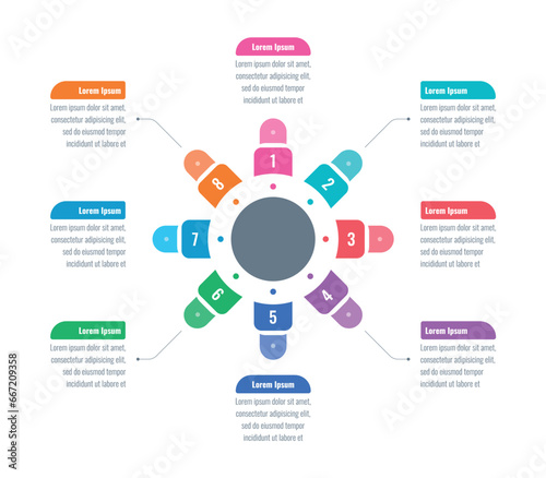 eight options statistics informational template. annual report, internet, web infographic template. central, circular informational template