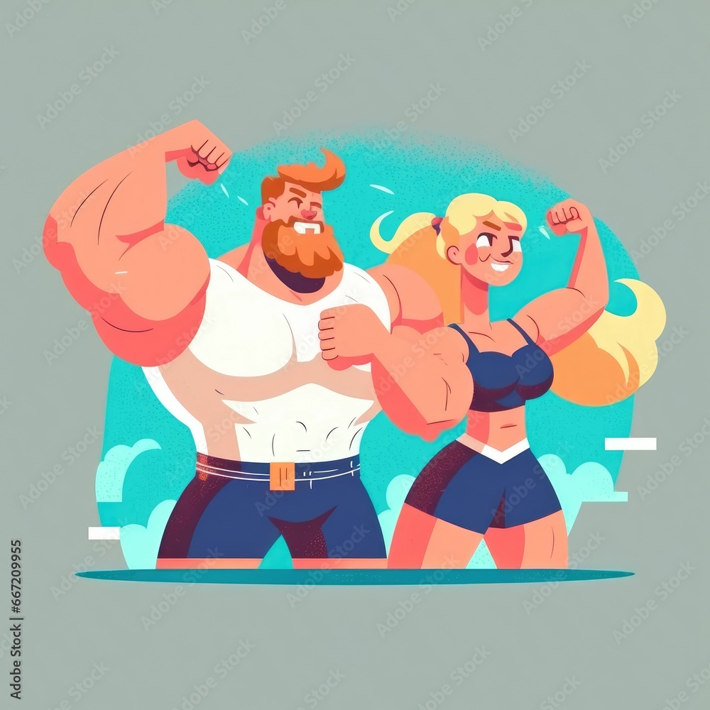 Smiling athletic couple poses and show their perfect body muscles, cartoon style illustration Smiling athletic couple poses and show their perfect body muscles, cartoon style illustration