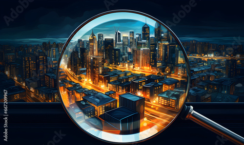 City at night viewed through a magnifying glass, bright lights, tall buildings, streets glowing, detailed, close-up, illuminated