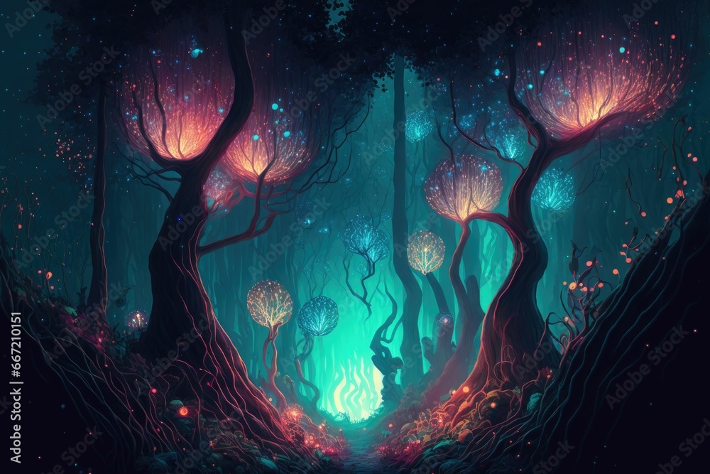 Mystical enchanted forest illuminated by glowing lights in the night ...