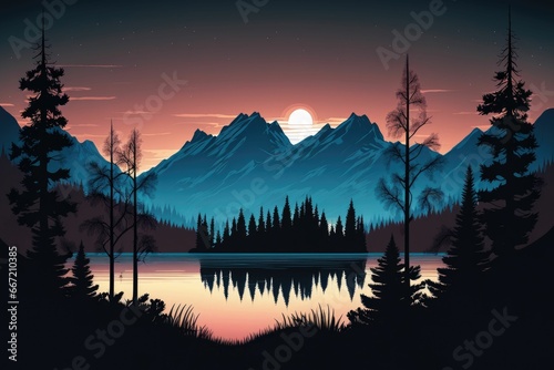 Minimalistic mountain lake and pine trees in nature illustration, flat style