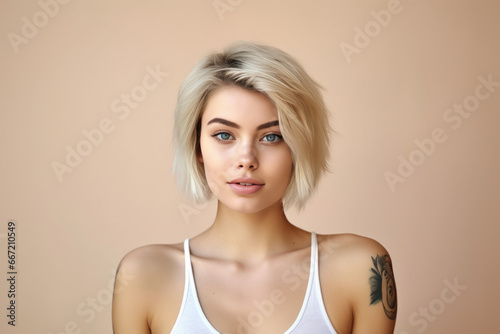 Young blond pretty smiling girl beauty female model with short blonde hair beautiful face healthy skin and tattoos looking at camera isolated at beige background. Close up headshot portrait. © GustavsMD