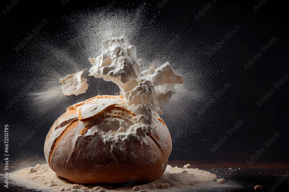 Homemade bread loaf baking process with flour splash - obrazy, fototapety, plakaty 