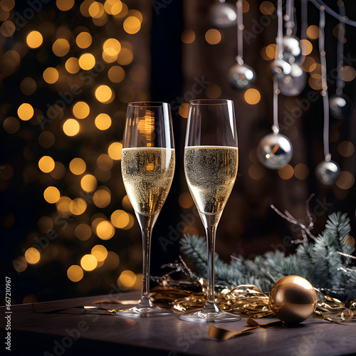 Two glasses of champagne against the background of Christmas decor. greeting card
