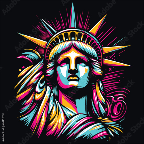 A colorful portrait of the Statue of Liberty from the United States (New York). For T-shirts, stickers, tattoos, posters. Neon colors on black background. Graffiti style