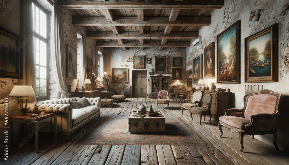 An enchanting vintage living space featuring rough stone walls, aged wooden beams, and antique furnishings. The room is adorned with classic paintings, elegant chairs, and a sunlit ambiance.