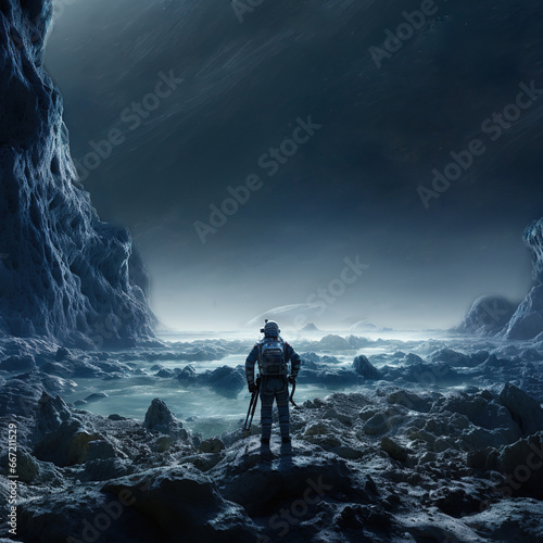 Atmospheric portrait of a man in a specialized silver suit for research purposes looking at blue space and a mountain.Concept of imagination and technology.