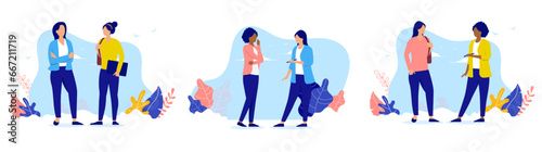 Women talking vector collection - Set of illustration with female characters having conversation and discussion together standing up. Flat design with white background
