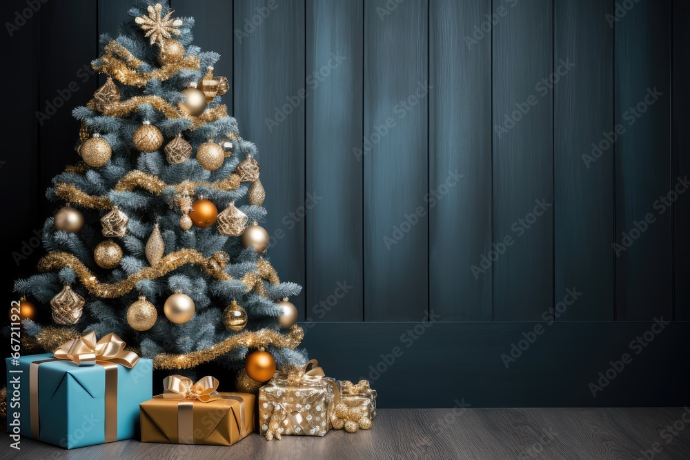 Lots of gifts around a decorated Christmas tree. New Year's background in Scandinavian style, Christmas tree decorations. copy space.