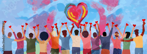 Group of diverse people seen from behind with hands raised holding a heart. Charitable donation and volunteer work. Support and assistance. People diversity. Community.NGO.Aid.No profit