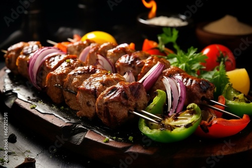 Grilled kebab with meat and veggies. Generative AI