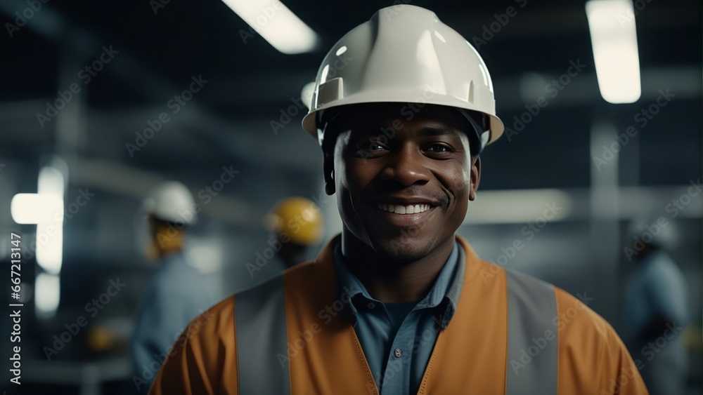 Portrait of a happy African American factory worker wearing hard hat and work Portrait of a happy African American factory worker wearing hard hat and work