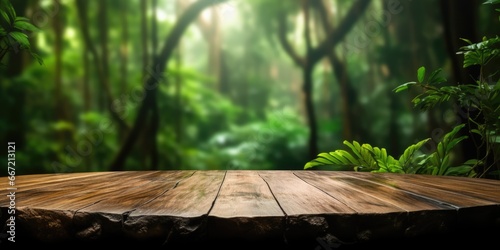 The empty wooden table top with blur background of Amazon rainforest. Generative AI image AIG30.