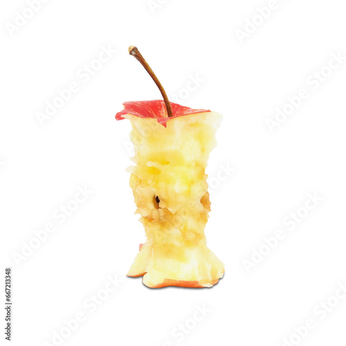 One red ripe apple, bitten to the core, on a transparent and white background. PNG. Side view.