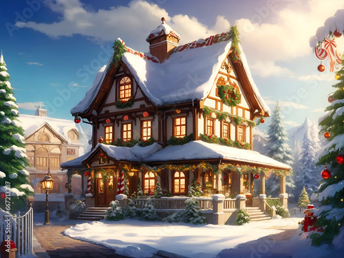 Gingerbread house. Abstract Xmas background, anime styled © Dmytro Tolokonov